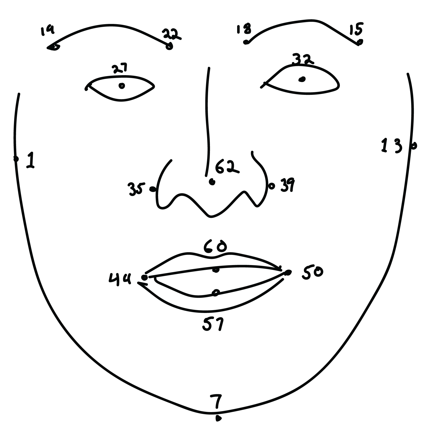 Face with numbered feature recognition dots